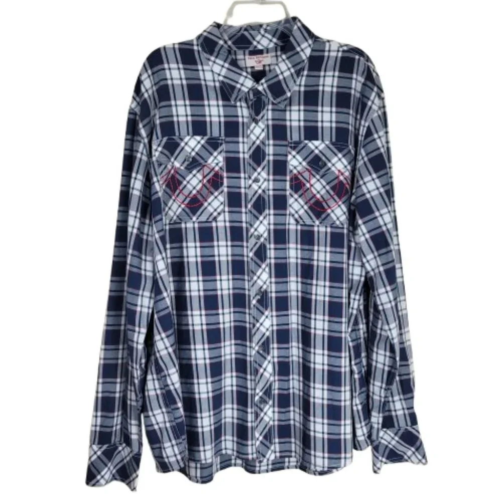 True Religion Plaid Western Shirt 3XL Blue Button Down Logo Pockets